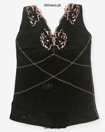 Front Open Upper Half Body Shaper Black Body Suit Top Tummy Embroidered For Women