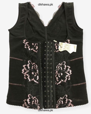 Front Open Upper Half Body Shaper Black Body Suit Top Tummy Embroidered For Women